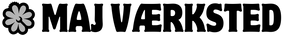 Black text 'MAJ VØERKSTED' with a flower logo on a white background